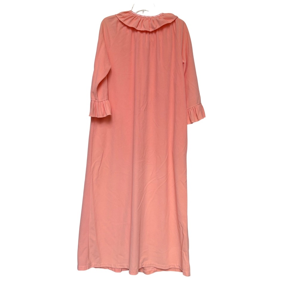 Vintage Peach Pink Fleece Ruffle Collar Button Maxi Robe Nightgown Loungewear - Picture 7 of 10